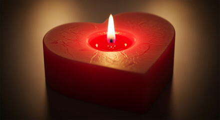 A heart shaped red candle with a lit flame on a dark background with warm glow around it for romantic ambiance or peaceful atmosphere with heart shaped candle