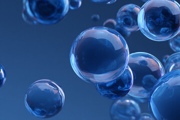 microscopic blue liquid orbs with internal structures floating in a fluid medium