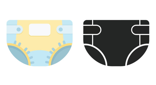 A colorful illustration of a baby diaper and its corresponding black silhouette