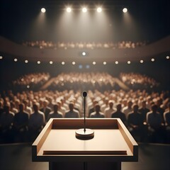 관객 가득한 홀에서 마이크 앞에 서잇는 시선 강연자A speaker standing in front of a microphone in a hall full of audiences