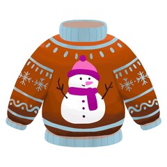 Orange Christmas sweater with snowman design and snowflakes winter holiday