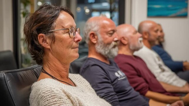 Small group seated comfortably following a relaxation audio session designed to improve emotional wellbeing and decrease stress levels.