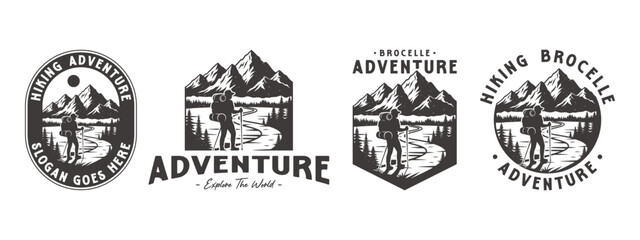 Obraz premium Hiking adventure logo design. Outdoor, peak, mountain, wilderness travel symbol. Vector template EPS 10 