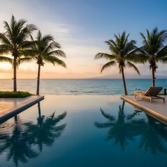 Fototapeta premium 노을지는 바다와 수영장이 이어져보인다 야자수The sunset sea and the swimming pool are connected. Palm trees