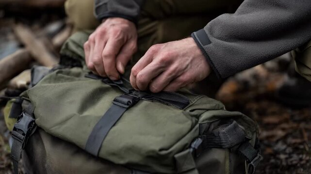 Medium shot showing hands securing a compact shelter backpacks straps emphasizing portability and compact design for quick emergency deployment.