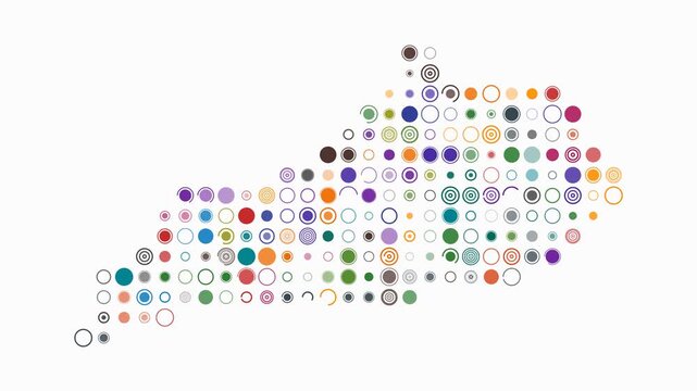 Kentucky animated shape. Pulsating colored dots on the map of the state. Large size circle blocks. Digital style Kentucky map on white background. Trending animation video.