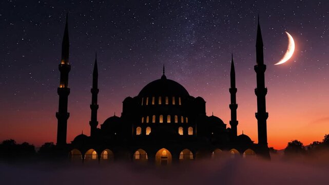 A breathtaking panoramic view of a magnificent architectural marvel silhouetted against a dramatic, starlit night sky. The grand structure features multiple domes and elegant towering spires, with war