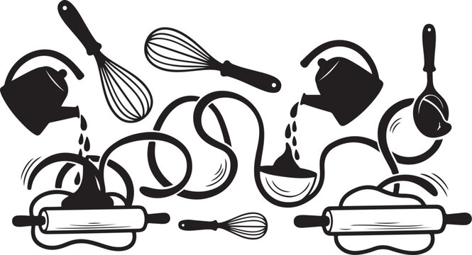 Baking tools and utensils in black and white illustration