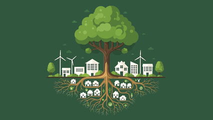 green city concept with an urban landscape and homes rooted in a giant tree symbolizing sustainable urban development and eco-friendly community growth.