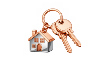 Rose gold house keys and a silver house keychain symbolizing real estate, home ownership, and mortgage security
