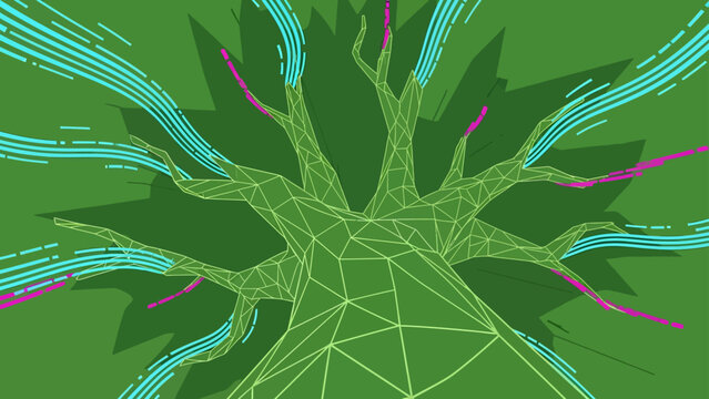 green technology network visualization showing interconnected data flow around a geometric tree useful for sustainable innovation concepts