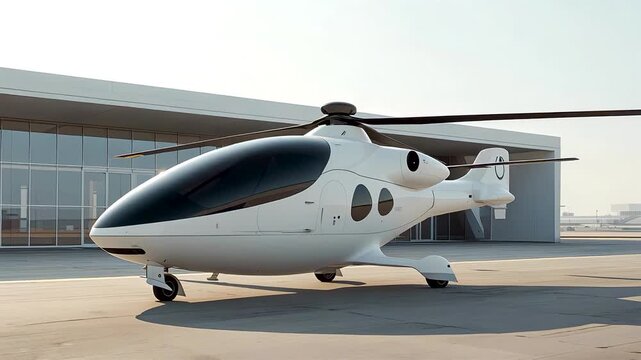 White Electric eVTOL Aircraft with Large Rotors Parked on Airport Apron Near Modern Terminal Building