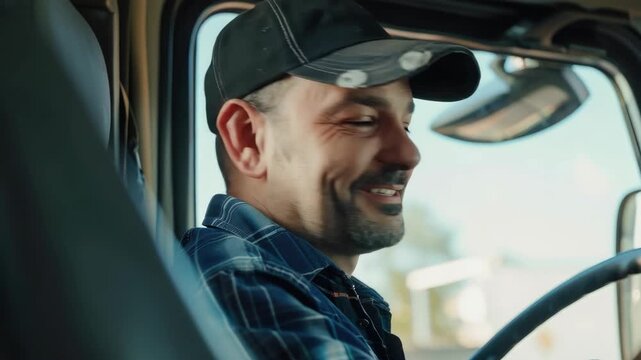 A happy semi-truck driver smiling at the camera.