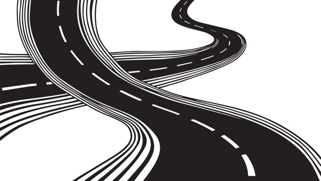 Winding road with multiple lanes and dashed lines ahead