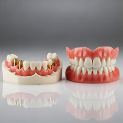 Obraz premium Dental implant model and full denture set on reflective surface teeth