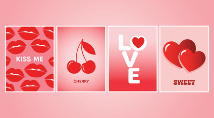 Set of four pink Valentine's Day posters with retro hearts, lips, cherries and love typography