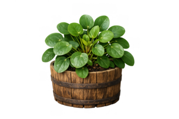 Pilea peperomioides houseplant growing in a rustic wooden barrel planter, decorating home and office spaces, transparent background