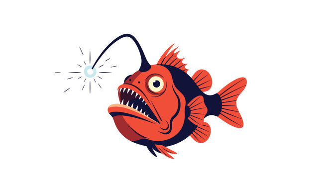 Creative illustration of an orange and black deep sea anglerfish with its glowing lure and sharp teeth against a clean white background for study.