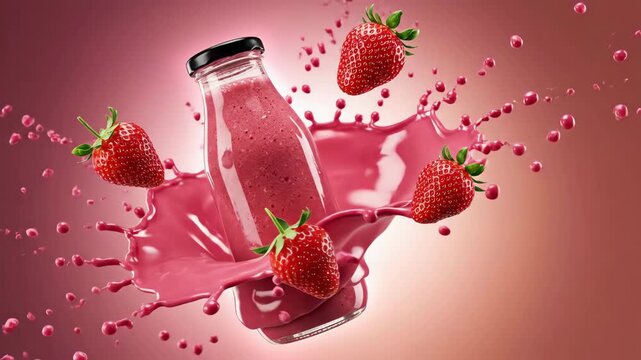 Fresh strawberry smoothie bottle with dynamic pink liquid splash and flying ripe strawberries