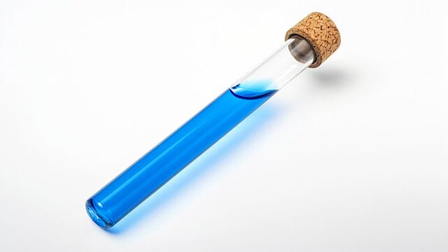 Test tube with blue liquid and cork stopper laboratory glassware for medical science research experiment isolated on white background
