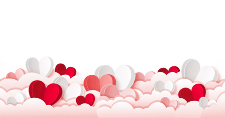 Lovely red and pink hearts with rounded shapes forming a gentle and romantic bottom border in a transparent background