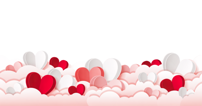 Lovely red and pink hearts with rounded shapes forming a gentle and romantic bottom border in a transparent background - Powered by Adobe