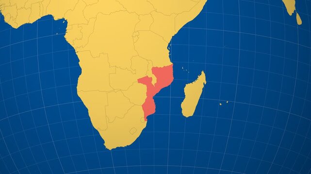 Mozambique on Globe. Animated zoom into the country in Ocean Blue Golden Yellow color palette. Mozambique logo animation. Map with meridians, parallels. Neat video.