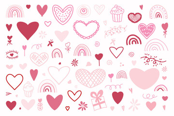 A romantic Valentine's Day card set with red and pink hearts, a gift box, and a rainbow.