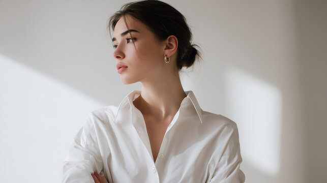 Minimalist fashion editorial mood shot featuring an influencer model in a crisp white shirt, aesthetic lifestyle portrait with natural sunlight and soft shadows