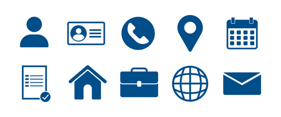Personal information icon set for user profile, contact details, account management, identity card, address location, calendar schedule and digital communication interface design