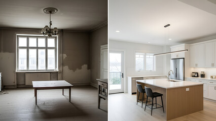 Fototapeta premium Transformation from Old Dated Room to Modern Bright Kitchen Renovation