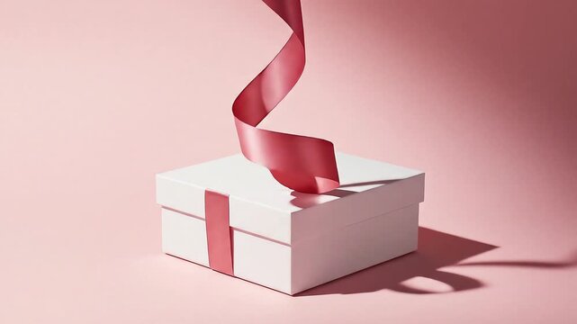 Simple white gift box tied with a flowing satin ribbon against a soft pink background