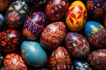 Obraz premium Vibrant hand painted easter pysanky eggs arranged closely together with intricate floral designs