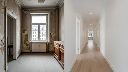 comparison of an old dilapidated room with a renovated modern hallway