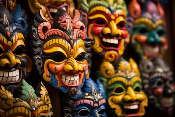 Fototapeta premium Hand carved masks displaying vibrant colors and traditional cultural design