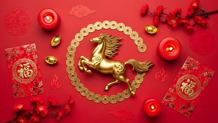 Obraz premium Fire Horse Chinese Zodiac Flat Lay on Red Background for Lunar New Year