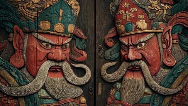 Admiring Traditional Wooden Guardian Figures on Ancient Decorated Doorway in Historic Setting