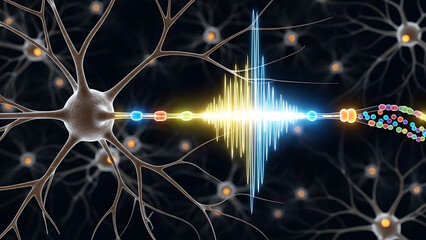 Neuron firing with vibrant electrical impulses and DNA helix