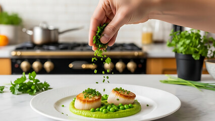 Close-up shot of a chef garnishing delicious pan-seared scallops with fresh herbs over a bed of vibrant green pea puree