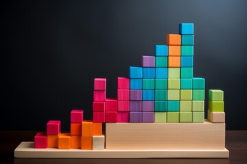 Colorful wooden cubes forming an ascending bar chart, illustrating growth, progress, and business data