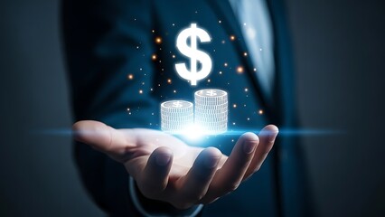 Hand holding digital currency symbol isolated on white background.