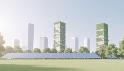 Obraz premium Modern City Skyline With Solar Panels In A Green Park At Daytime