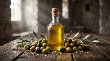 Still life of olives and olive oil bottle in rustic house