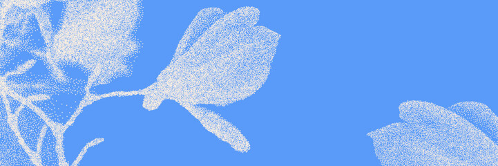 Cyanotype speckle background with soft orchid flower blossom and twig. Vector blue wallpaper for template, graphic design projects, artworks