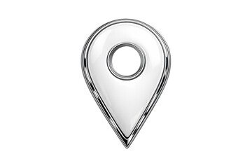 Location marker 3d icon showing a map pin symbol with glossy white surface and chrome metallic border