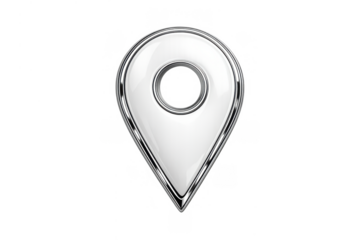 Location marker 3d icon showing a map pin symbol with glossy white surface and chrome metallic border