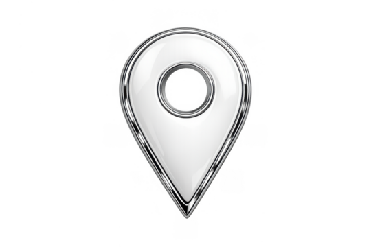 Location marker 3d icon showing a map pin symbol with glossy white surface and chrome metallic border - Powered by Adobe