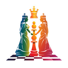Glowing chess pieces silhouetted in colorful light