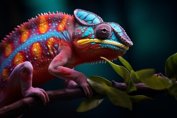Fototapeta premium Chameleon blending vibrant colors on a branch, showcasing tropical wildlife