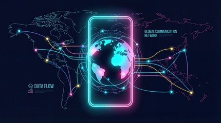 Neon smartphone with globe and curved data lines connecting world map, digital communication network visualization with glowing nodes and flow, vibrant cyberpunk color palette, futuristic mood